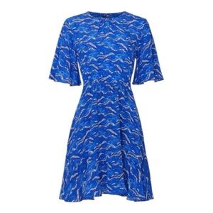 Tara Jarmon Raisin Mini Dress Flutter Elbow Sleeve Royal Blue 100% Silk Crepe 10